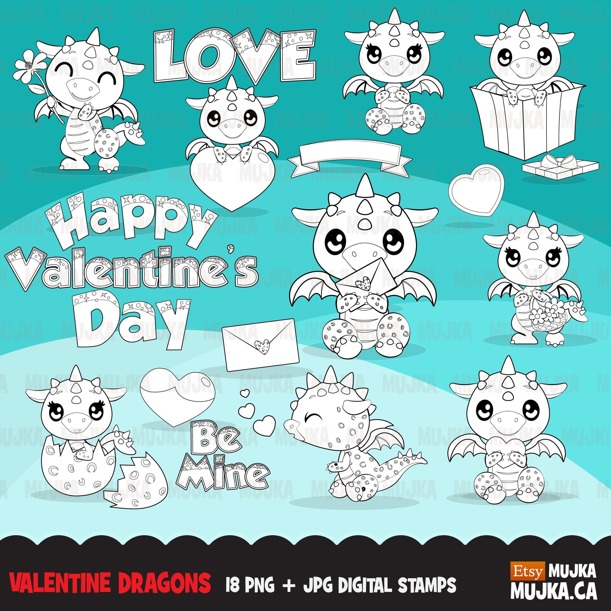 Valentine dragons Digital Stamps, animal, valentines day