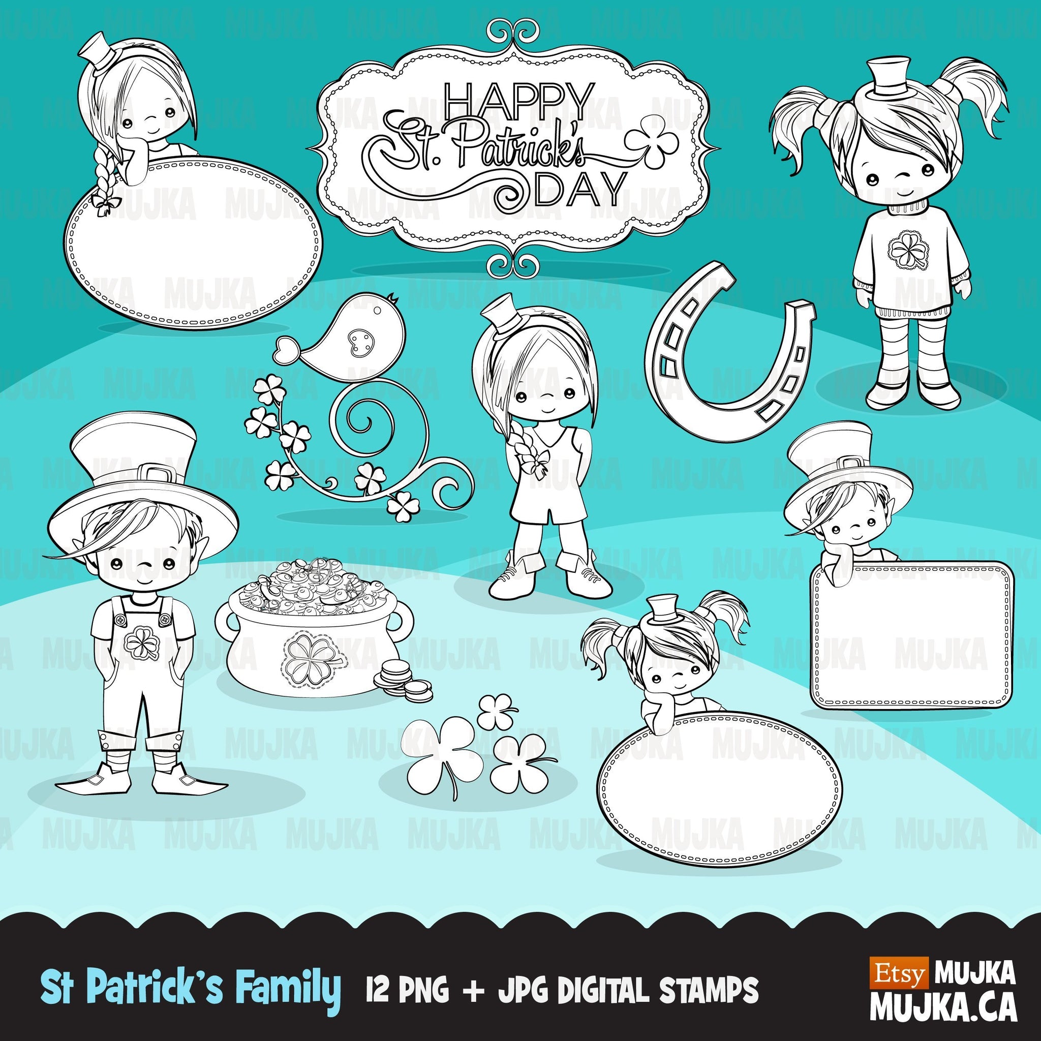 St Patrick's Day digital stamps, girl and boy