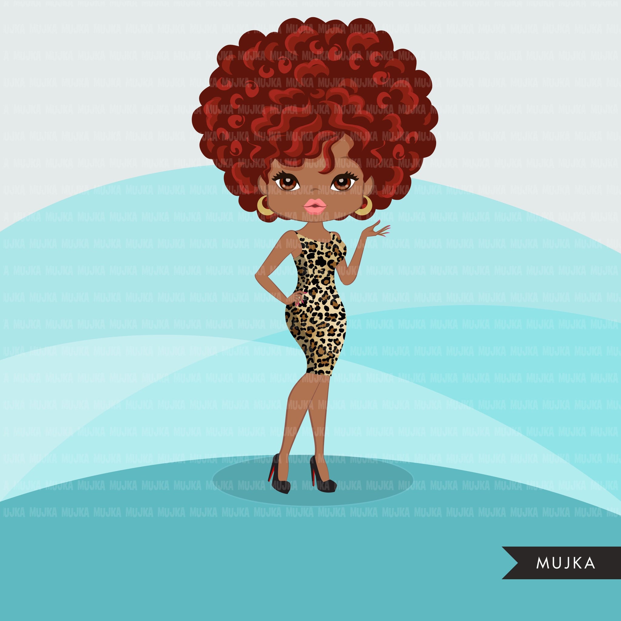 Afro black woman clipart with leopard print African-American graphics, print and cut PNG T-Shirt Designs, Black Girls clip art