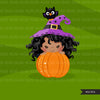Halloween peek a boo peeking girls clipart.  Afro black Cute kids peeking on pumpkin