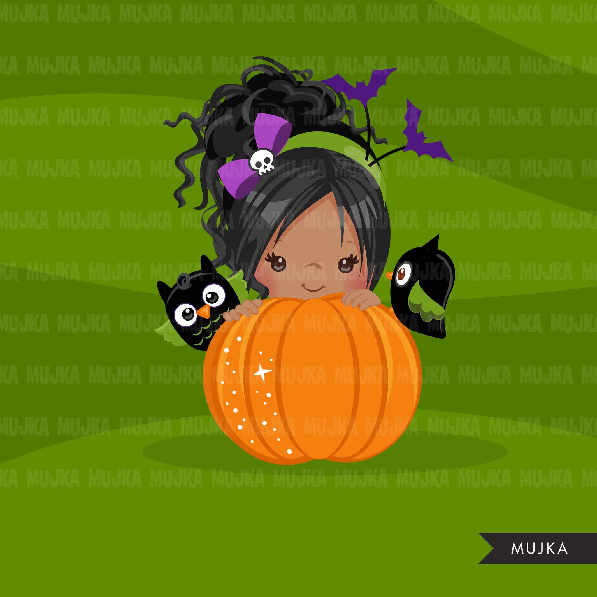 Halloween peek a boo peeking girls clipart.  Afro black Cute kids peeking on pumpkin