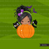 Halloween peek a boo peeking girls clipart.  Afro black Cute kids peeking on pumpkin