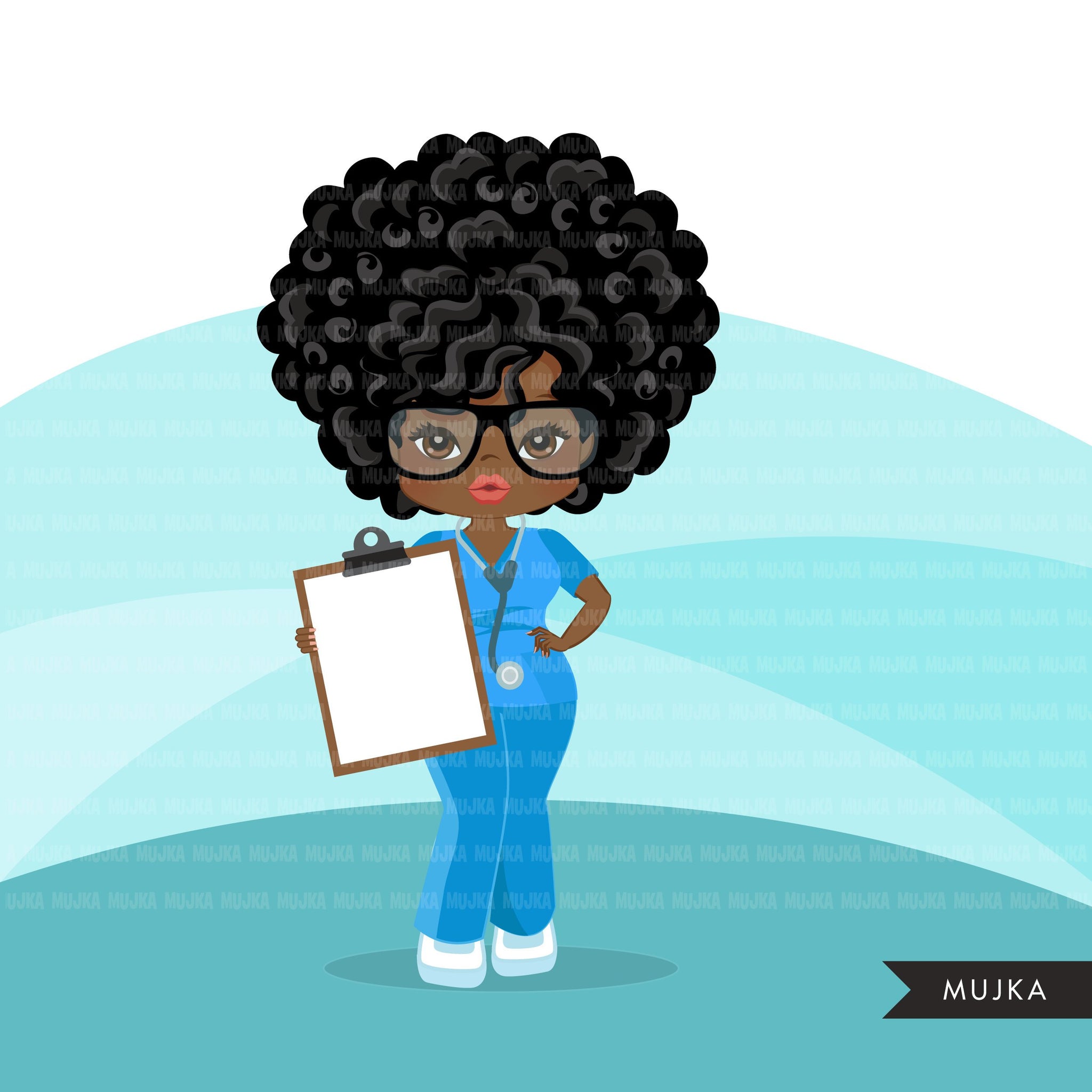 Afro black woman nurse clipart with scrubs and patient chart African-American graphics, print and cut PNG T-Shirt Designs, Black Girls clip art
