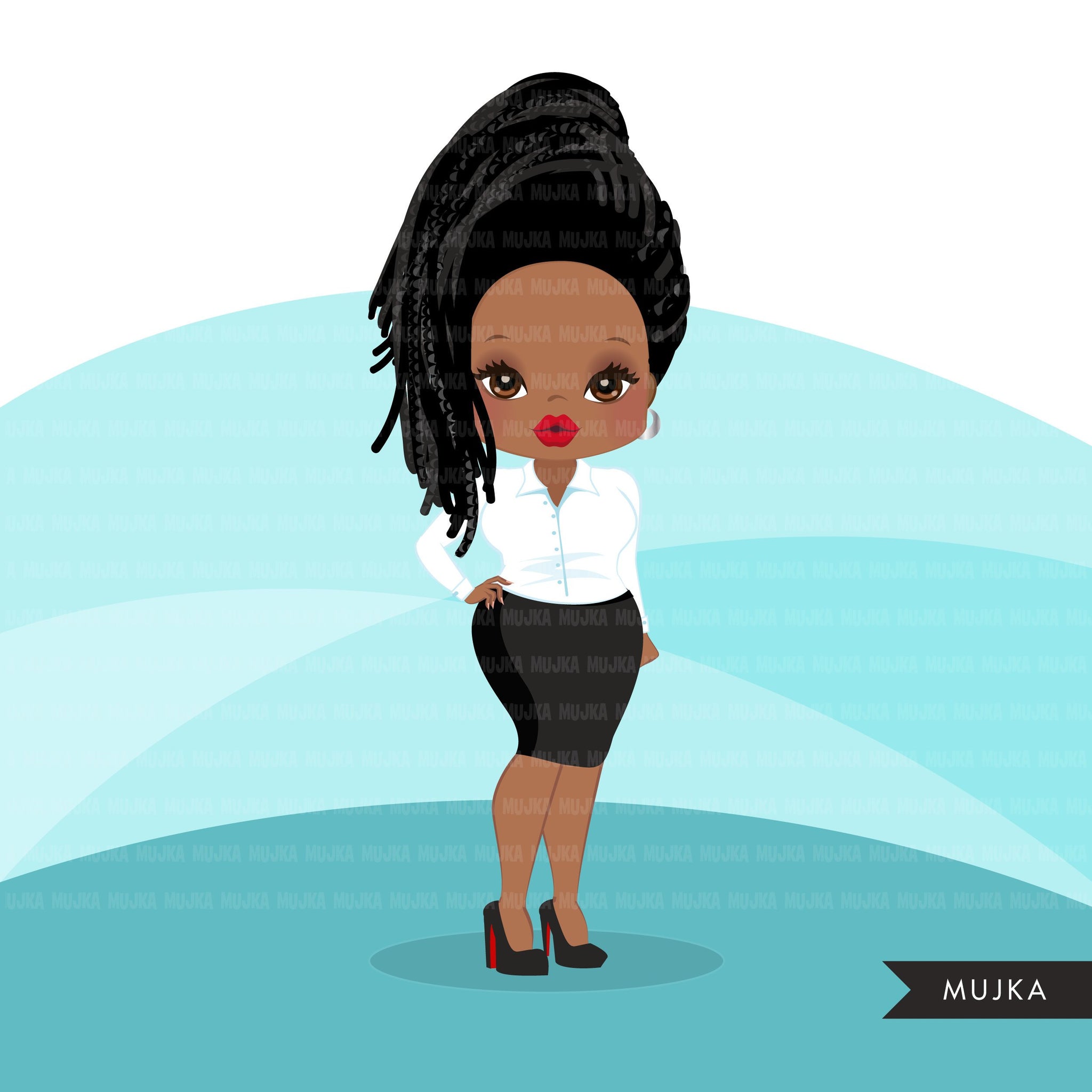 Afro black woman clipart with business suit, briefcase and glasses African-American graphics, print and cut T-Shirt Designs, Black Girls clip art