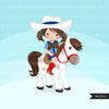 Cowgirl with horse clipart, farmer characters country farm graphics, western wild west girl clip art