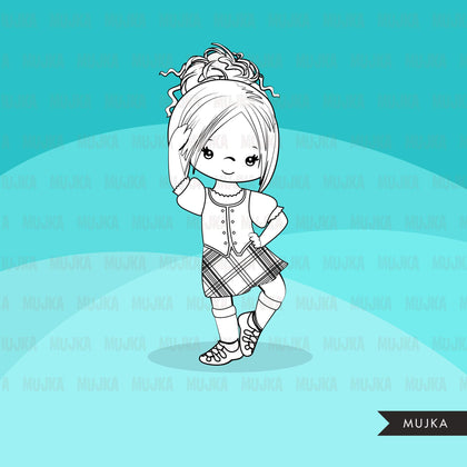 Highland dancers digital stamps, Cute Scottish dancers with kiltie, school activity, Scottish tradition graphic, B&W clip art outline