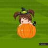 Halloween peek a boo peeking girls clipart.  Cute kids peeking on pumpkin