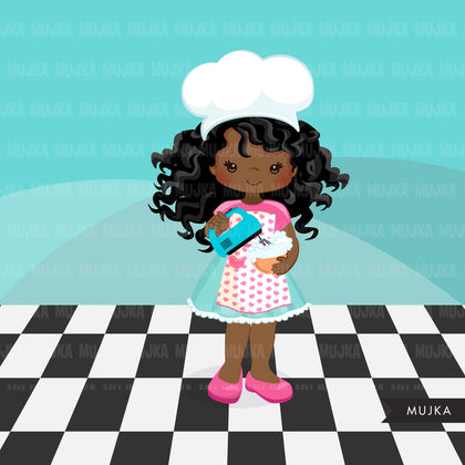 Baking Clipart, Cute black afro baker girl characters, kitchen chores, baking party, cake, spatula, pastry chef, cookie graphics, baking fun clip art
