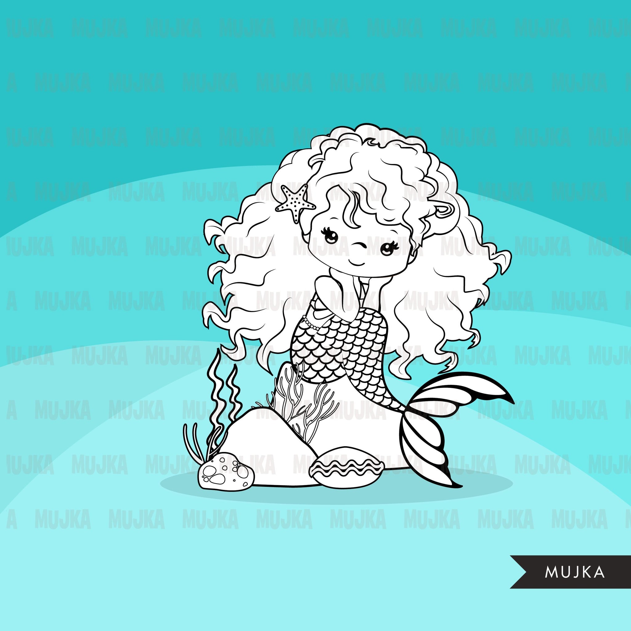 Mermaid Digital stamps, afro mermaid princess, birthday party, coloring page, favors, toppers, clip art B&W clip art outline