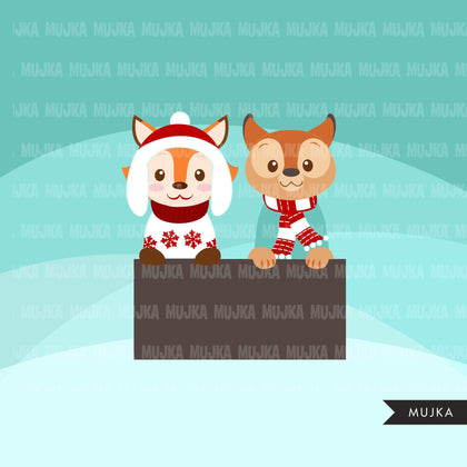 Christmas animals clipart, cute noel graphics, bunny, racoon, fox, bear, reindeer, hippo clip art