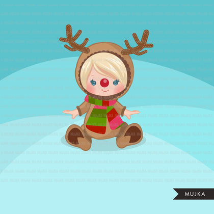 Reindeer Rudolph Baby clipart, reindeer Christmas costume baby shower graphics, card making, birthday party, african american baby, animal clip art
