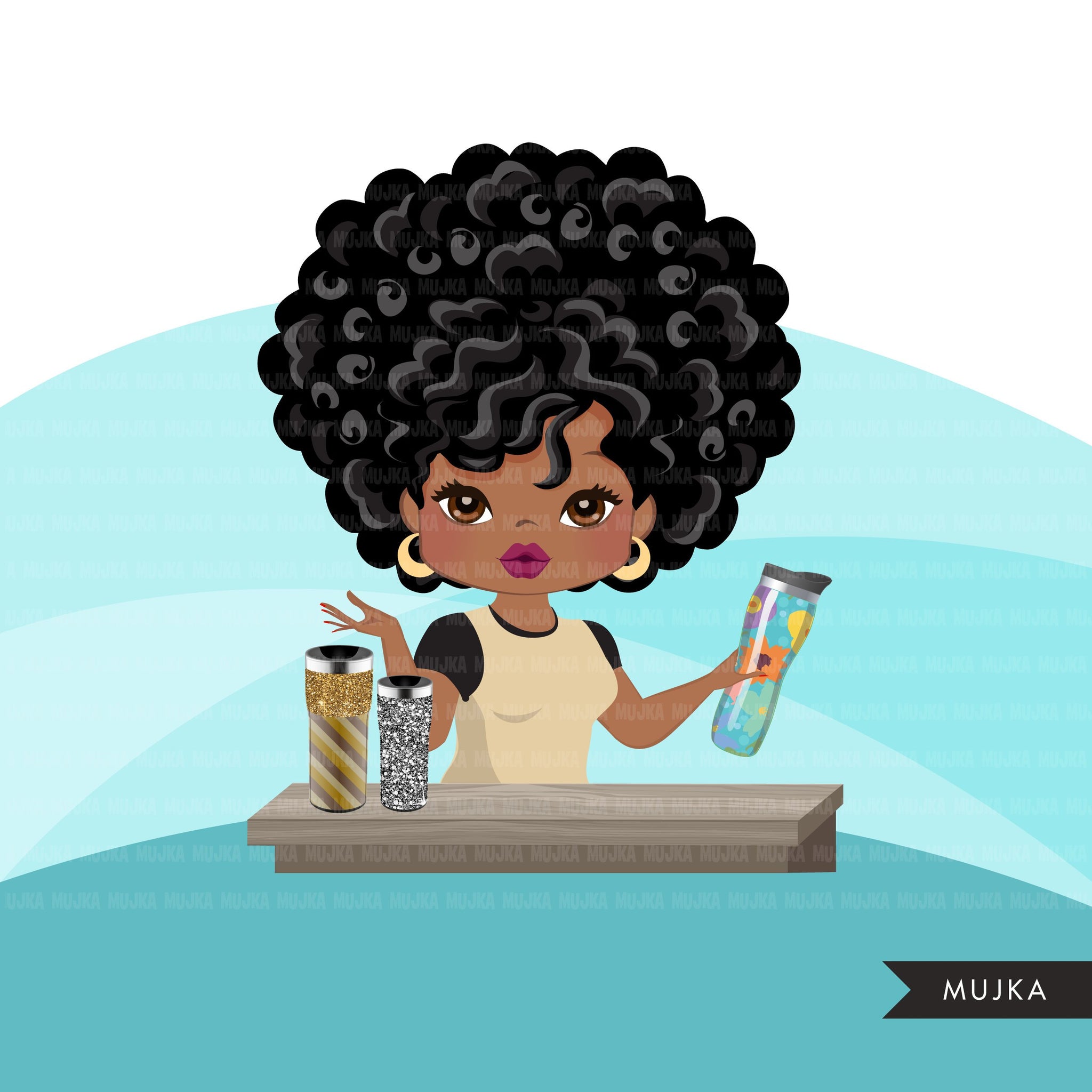Afro Boss Woman tumbler designer avatar clipart with glitter tumblers, print and cut, crafty maker boss black girl clip art