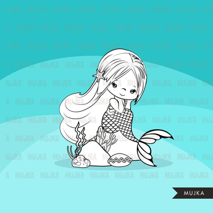 Mermaid Digital stamps, afro mermaid princess, birthday party, coloring page, favors, toppers, clip art B&W clip art outline