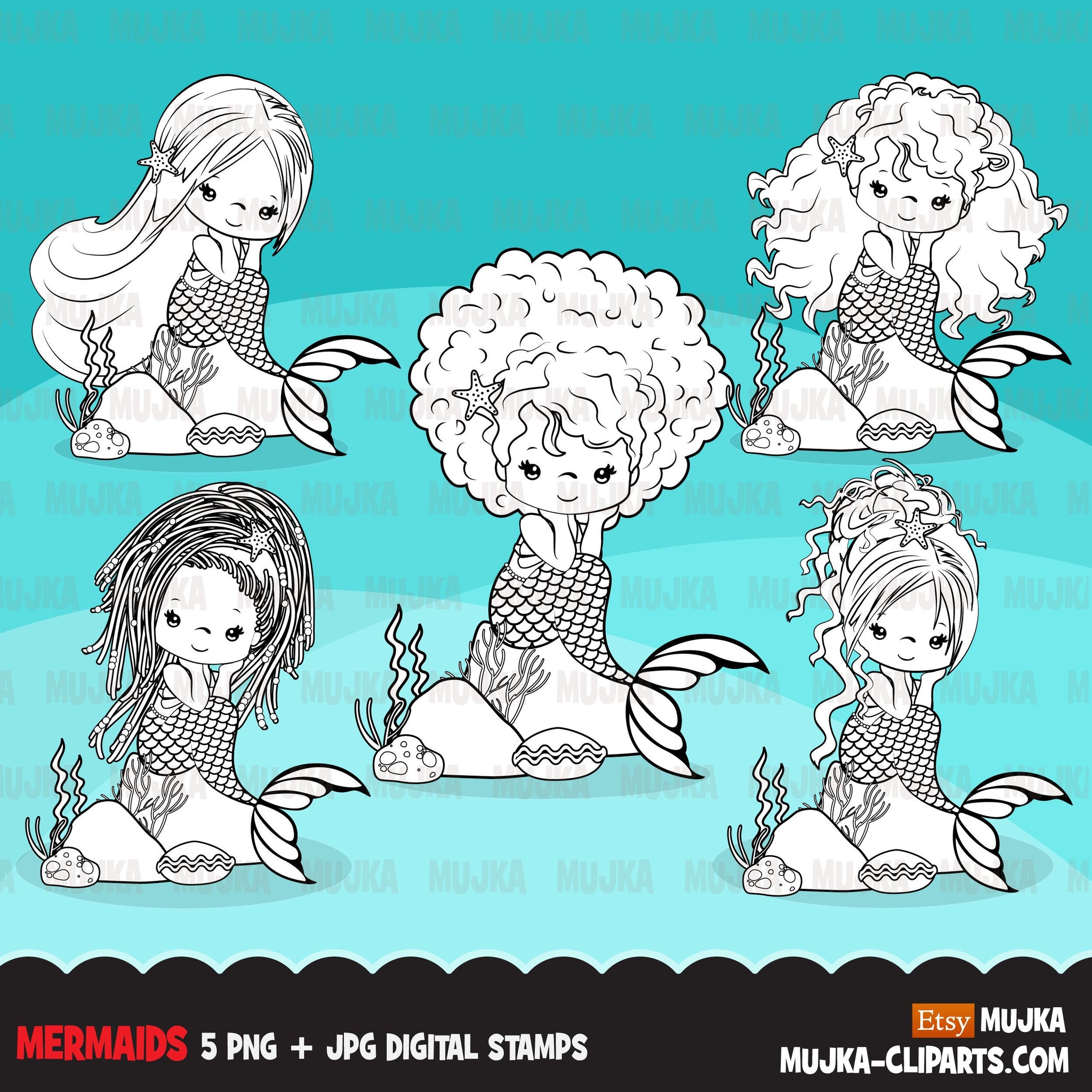Mermaid Digital stamps, afro mermaid princess, birthday party, coloring page, favors, toppers, clip art B&W clip art outline