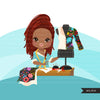 Afro braids Woman seamstress avatar clipart with sewing graphics girl, print and cut T-Shirt Designs, taylor clip art
