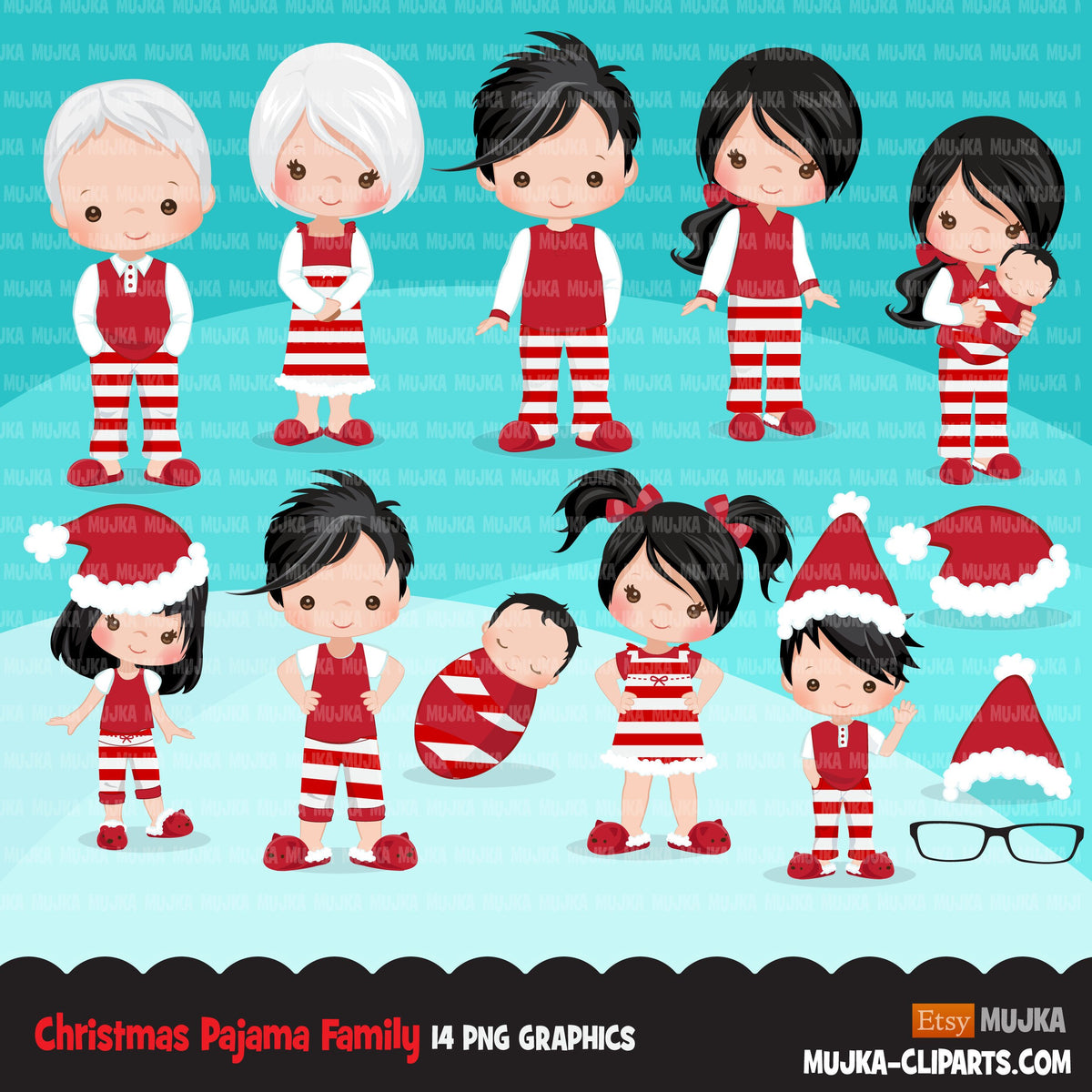 Christmas Pajama family clipart, portraits, mom, dad, grandparents, baby,  kids collection, brunette graphics, commercial use