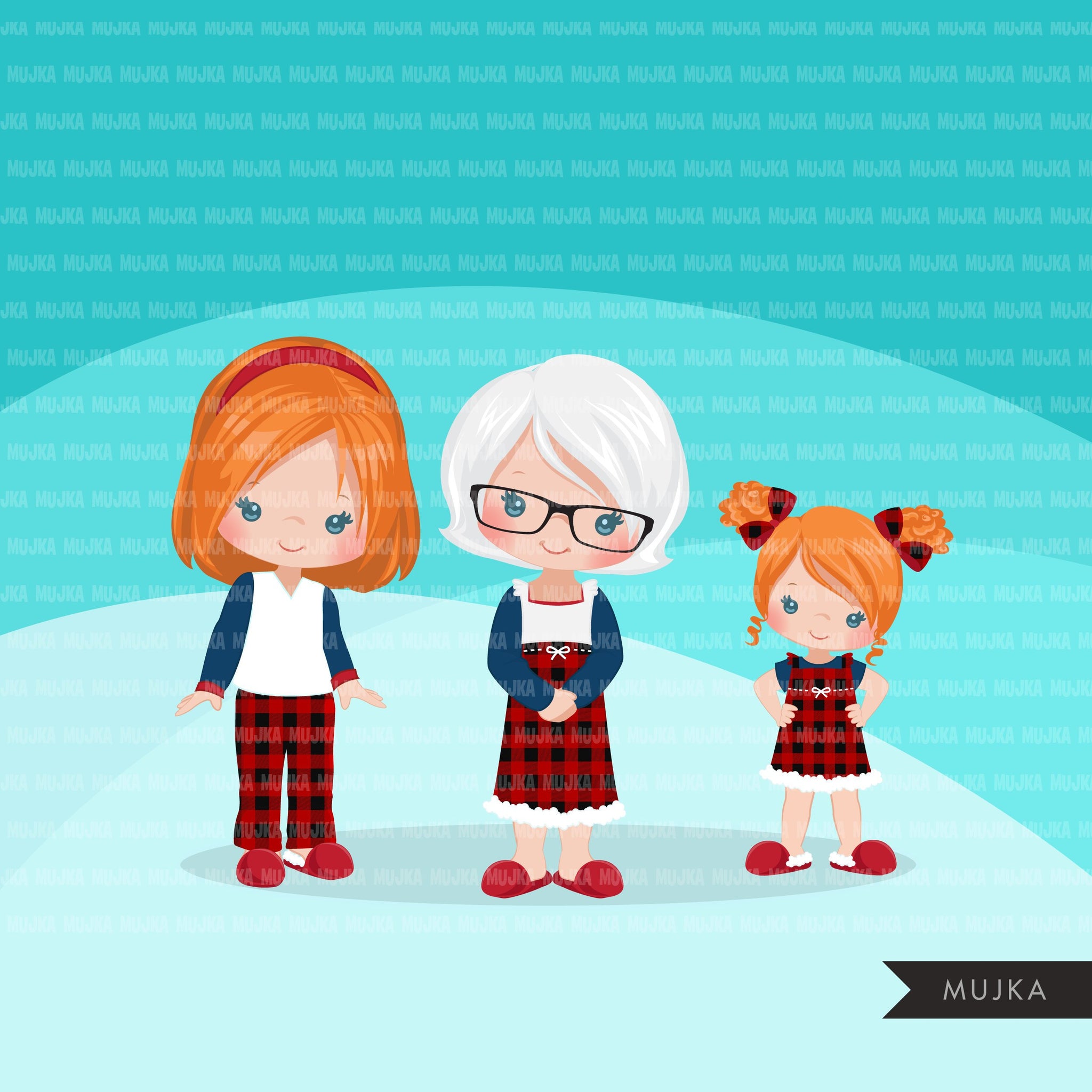 Christmas Pajama family clipart, portraits, mom, dad, grandparents, baby, kids red head graphics, commercial use PNG