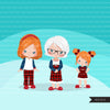 Christmas Pajama family clipart, portraits, mom, dad, grandparents, baby, kids red head graphics, commercial use PNG