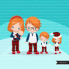 Christmas Pajama family clipart, portraits, mom, dad, grandparents, baby, kids red head graphics, commercial use PNG