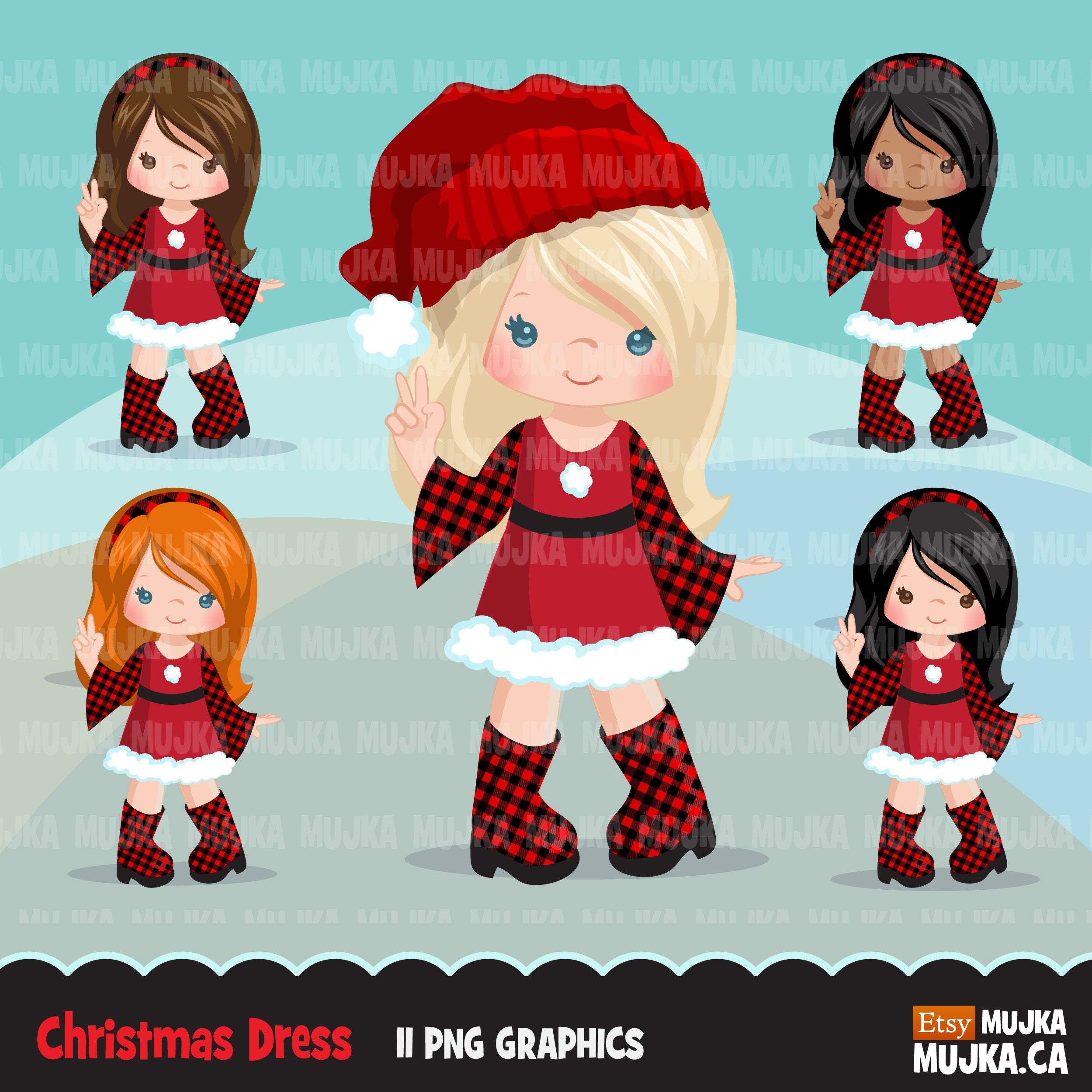 Christmas clipart, Santa little girls with plaid dress, commercial use  graphics