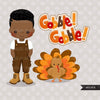Thanksgiving Clipart, black afro thanksgiving graphics with gobble gobble Turkey and fall, boy and girl