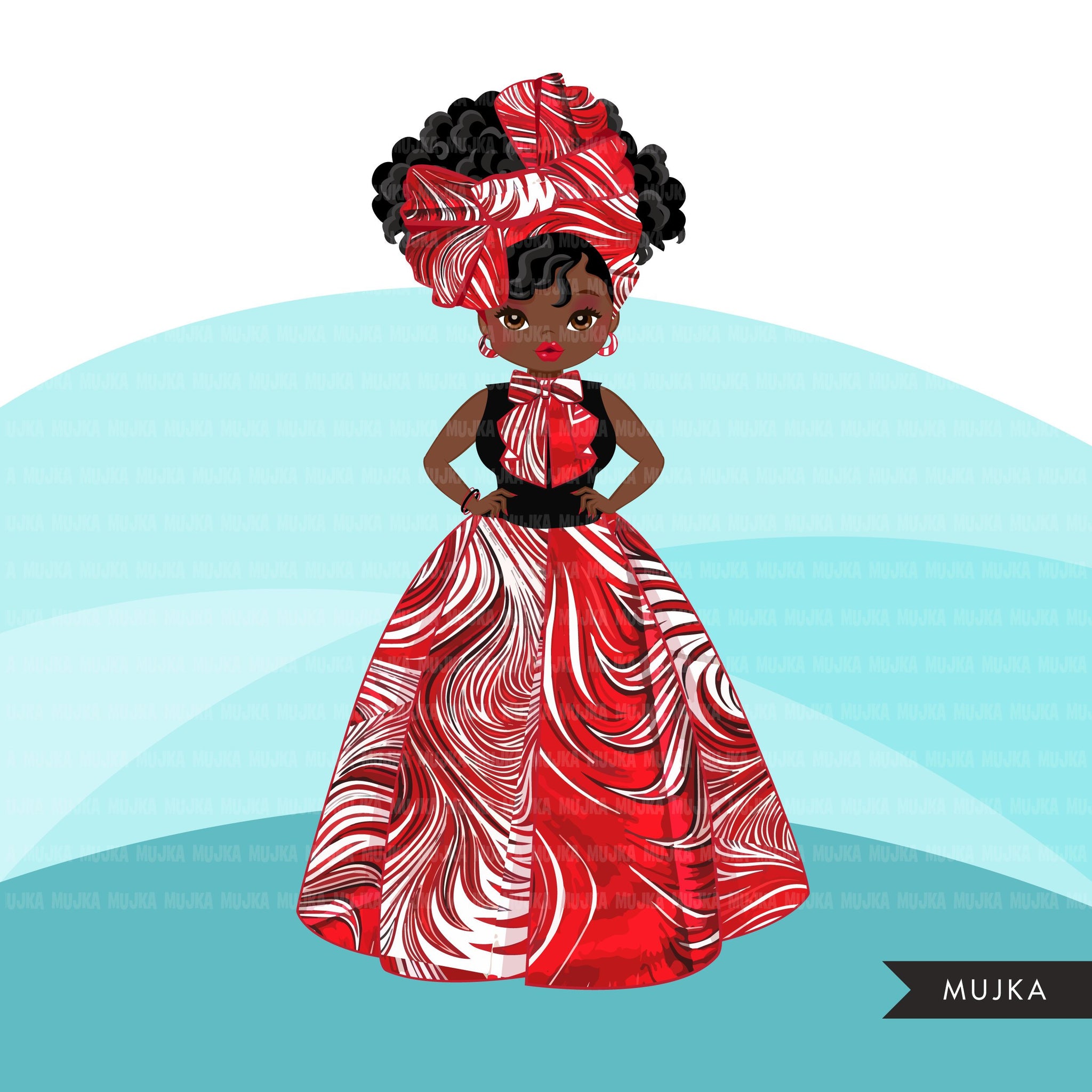 Black woman clipart avatar, Ankara Red white print bow tie and skirt, fashion graphics shop logo sorority Delta boss afro girl clip art PNG head wrap