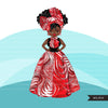 Black woman clipart avatar, Ankara Red white print bow tie and skirt, fashion graphics shop logo sorority Delta boss afro girl clip art PNG head wrap