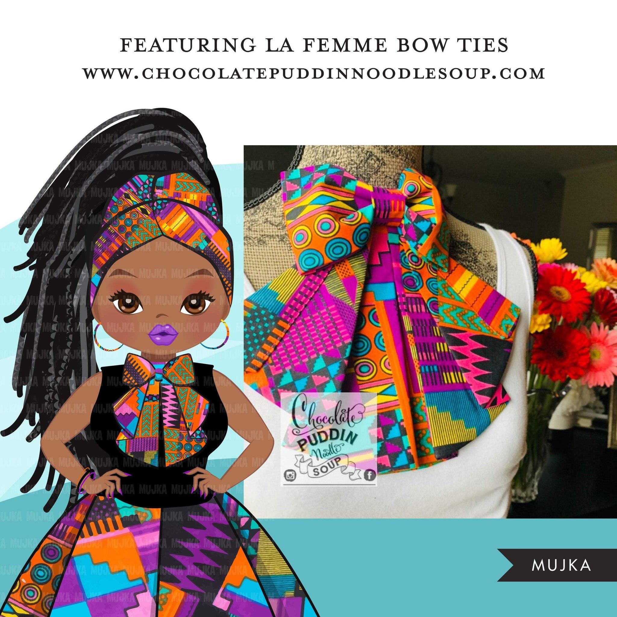 Black woman clipart avatar, Ankara kente multi-color print bow tie and skirt, fashion graphics head wrap braids girl clip art PNG