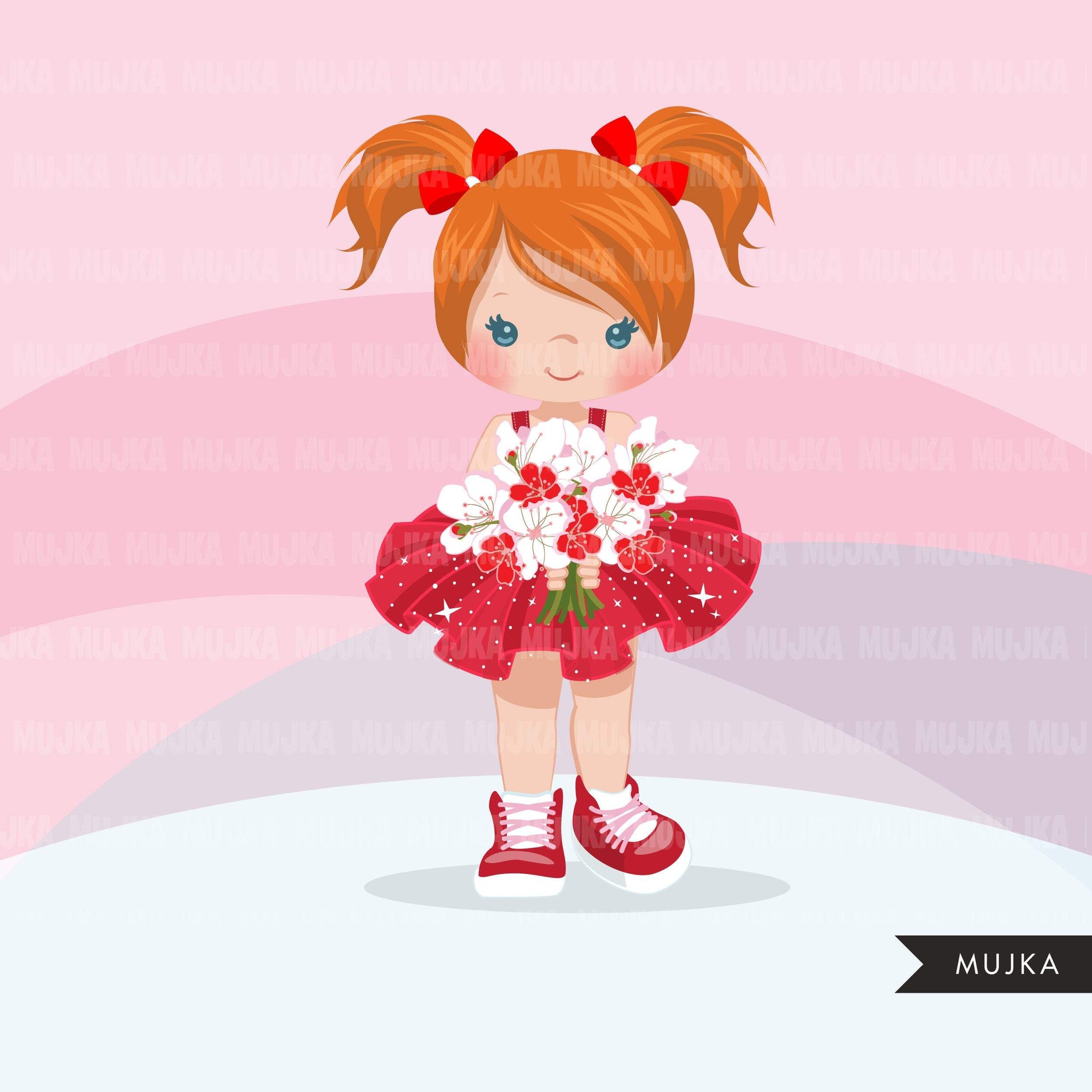 Valentine's Day flower girl clipart, red tutu pig tail girls with a flower bouquet graphics, commercial use valentine clip art