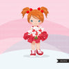 Valentine's Day flower girl clipart, red tutu pig tail girls with a flower bouquet graphics, commercial use valentine clip art