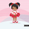 Valentine's Day flower girl clipart, red tutu pig tail girls with a flower bouquet graphics, commercial use valentine clip art