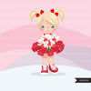 Valentine's Day flower girl clipart, red tutu pig tail girls with a flower bouquet graphics, commercial use valentine clip art