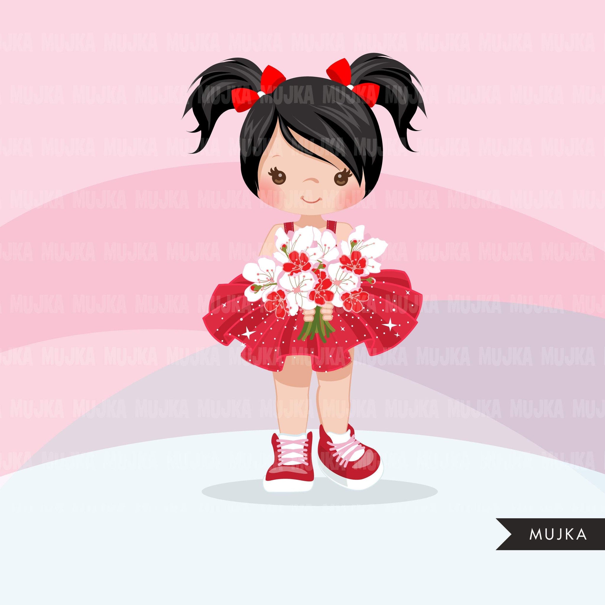 Valentine's Day flower girl clipart, red tutu pig tail girls with a flower bouquet graphics, commercial use valentine clip art