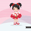 Valentine's Day flower girl clipart, red tutu pig tail girls with a flower bouquet graphics, commercial use valentine clip art