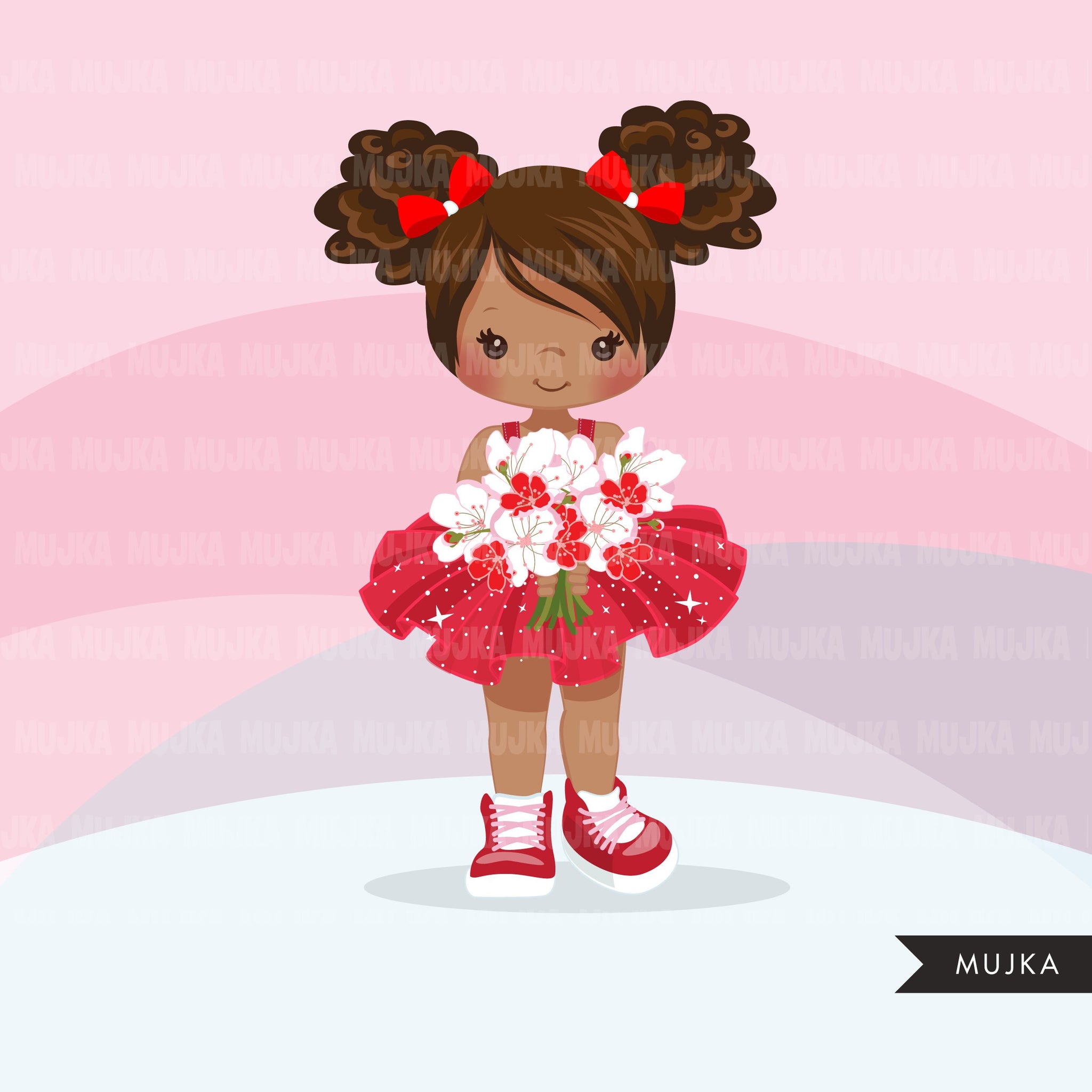 Valentine's Day flower black girl clipart, red tutu afro girls with a flower bouquet graphics, commercial use valentine clip art