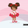 Valentine's Day flower black girl clipart, red tutu afro girls with a flower bouquet graphics, commercial use valentine clip art