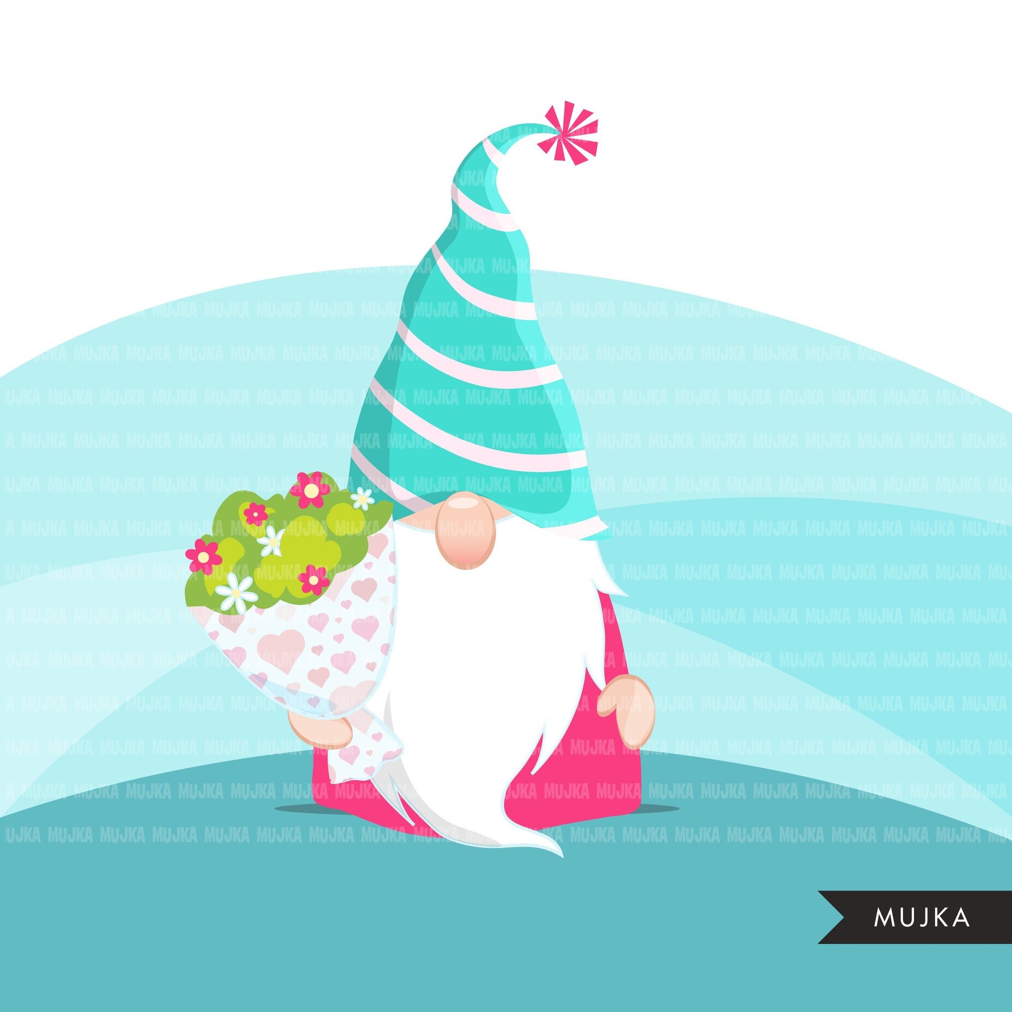 Valentine gnomes Clipart, Be my Valentine Gnome graphics, Valentine's Day characters, bouquet commercial use clip art