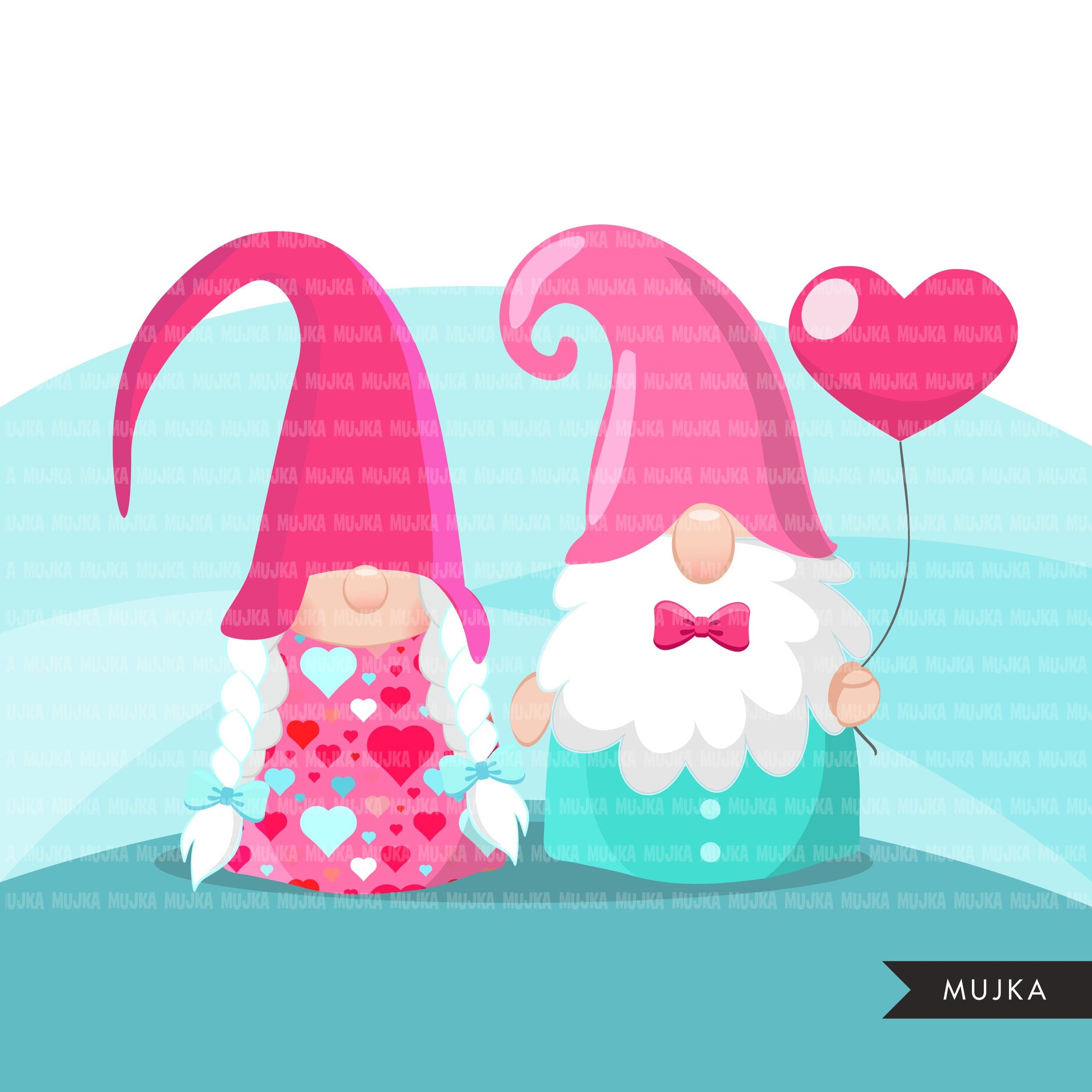 Valentine gnomes Clipart, Be my Valentine Gnome graphics, Valentine's Day characters, bouquet commercial use clip art