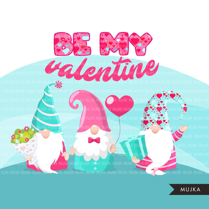 Valentine gnomes Clipart, Be my Valentine Gnome graphics, Valentine's Day characters, bouquet commercial use clip art