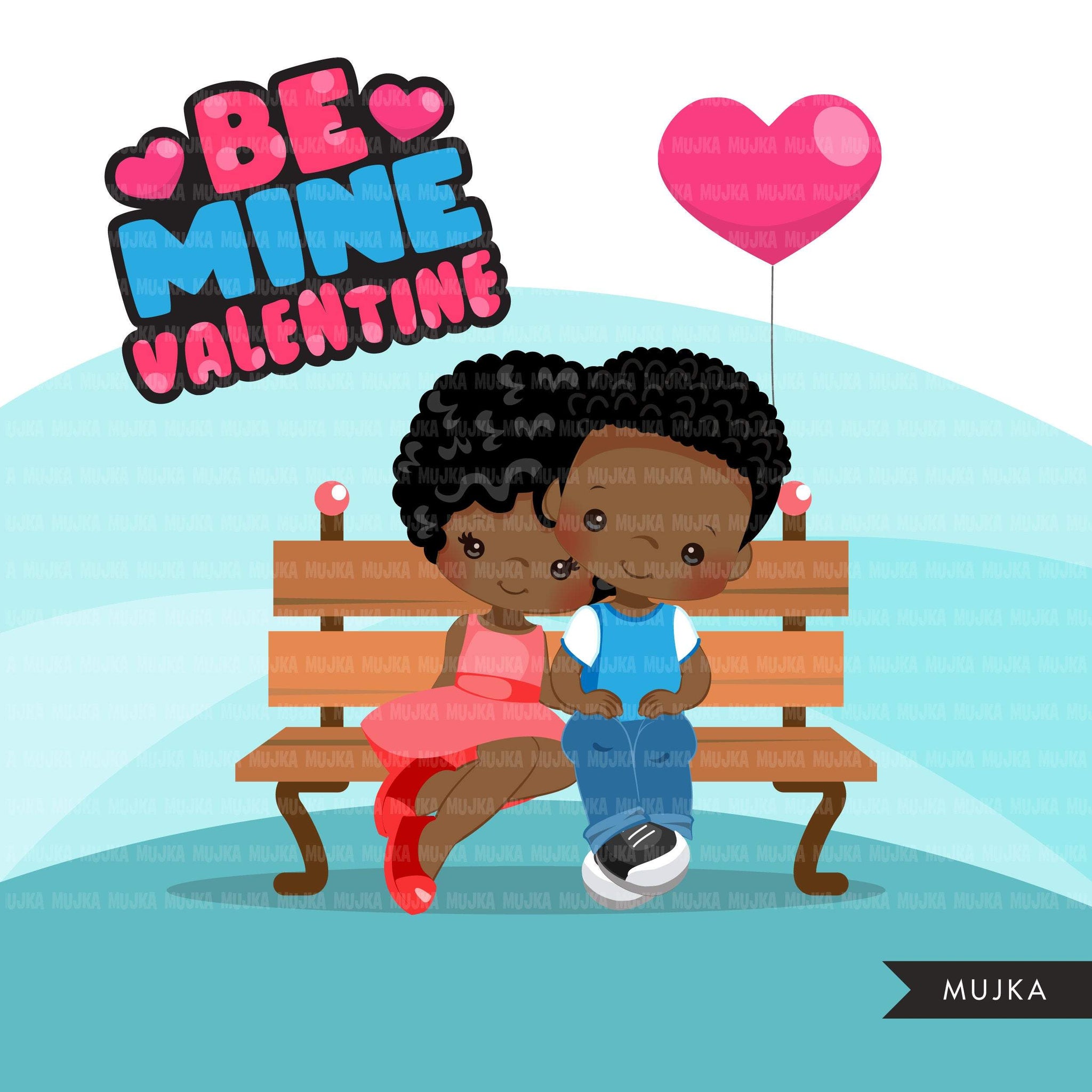 Valentine's Day Clipart, Cute Valentine black kids, couples sitting on a bench, be mine valentine graphics, commercial use clip art