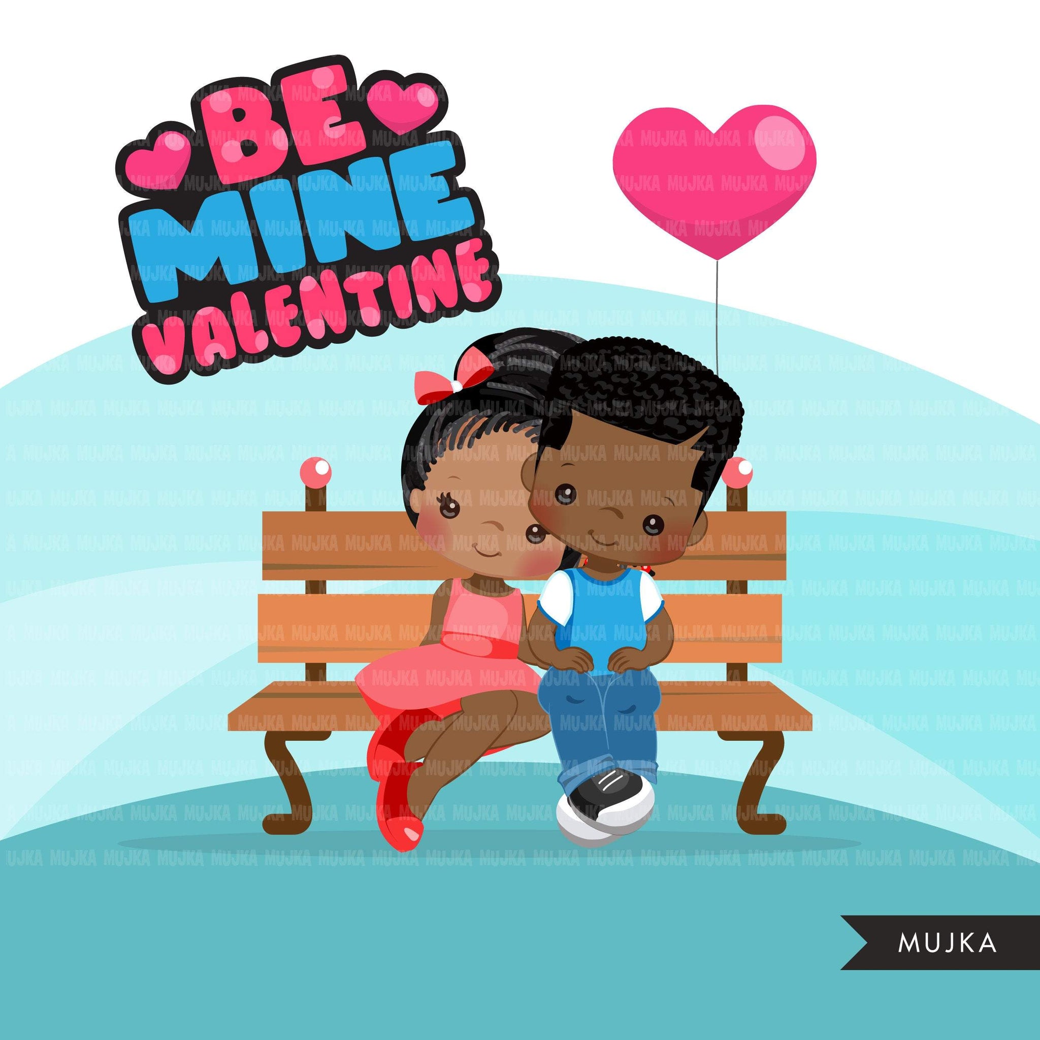 Valentine's Day Clipart, Cute Valentine black kids, couples sitting on a bench, be mine valentine graphics, commercial use clip art
