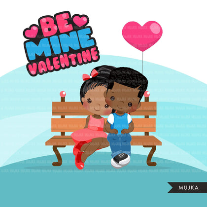 Valentine's Day Clipart, Cute Valentine black kids, couples sitting on a bench, be mine valentine graphics, commercial use clip art
