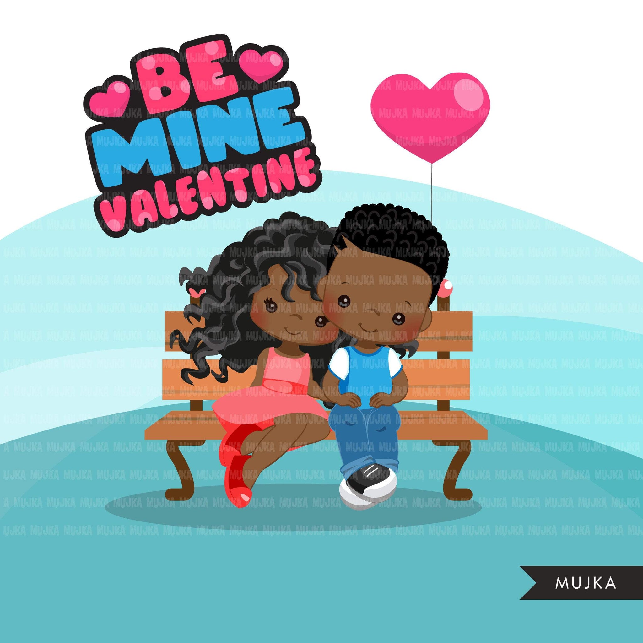 Valentine's Day Clipart, Cute Valentine black kids, couples sitting on a bench, be mine valentine graphics, commercial use clip art