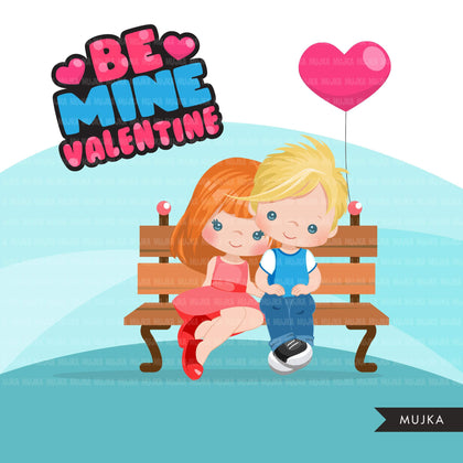 Valentine's Day Clipart, Cute Valentine kids, couples sitting on a bench, be mine valentine graphics, commercial use clip art
