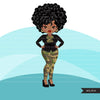Black woman clipart avatar, Ankara camouflage print bow tie, pants and skirt, fashion graphics afro girl clip art PNG