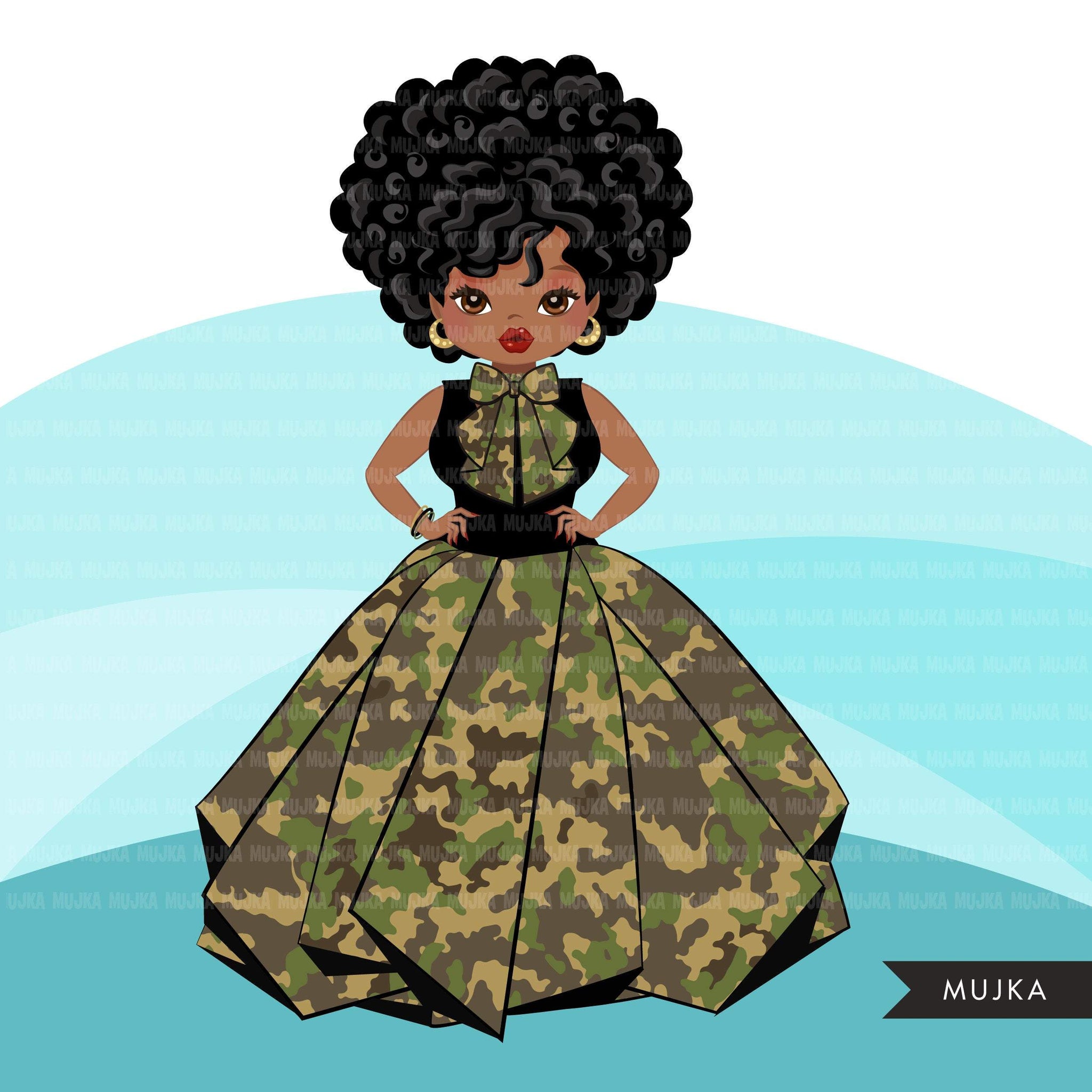 Black woman clipart avatar, Ankara camouflage print bow tie, pants and skirt, fashion graphics afro girl clip art PNG