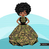 Black woman clipart avatar, Ankara camouflage print bow tie, pants and skirt, fashion graphics afro girl clip art PNG