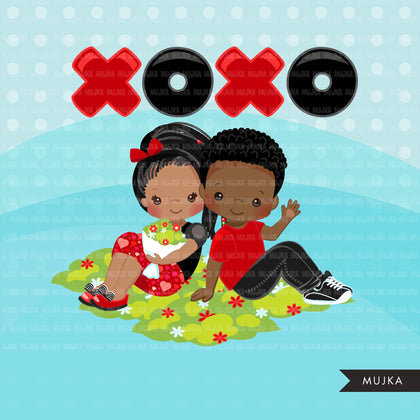 Valentine's Day Clipart, Cute Valentine black kids, couples sitting, XOXO valentine graphics, commercial use clip art