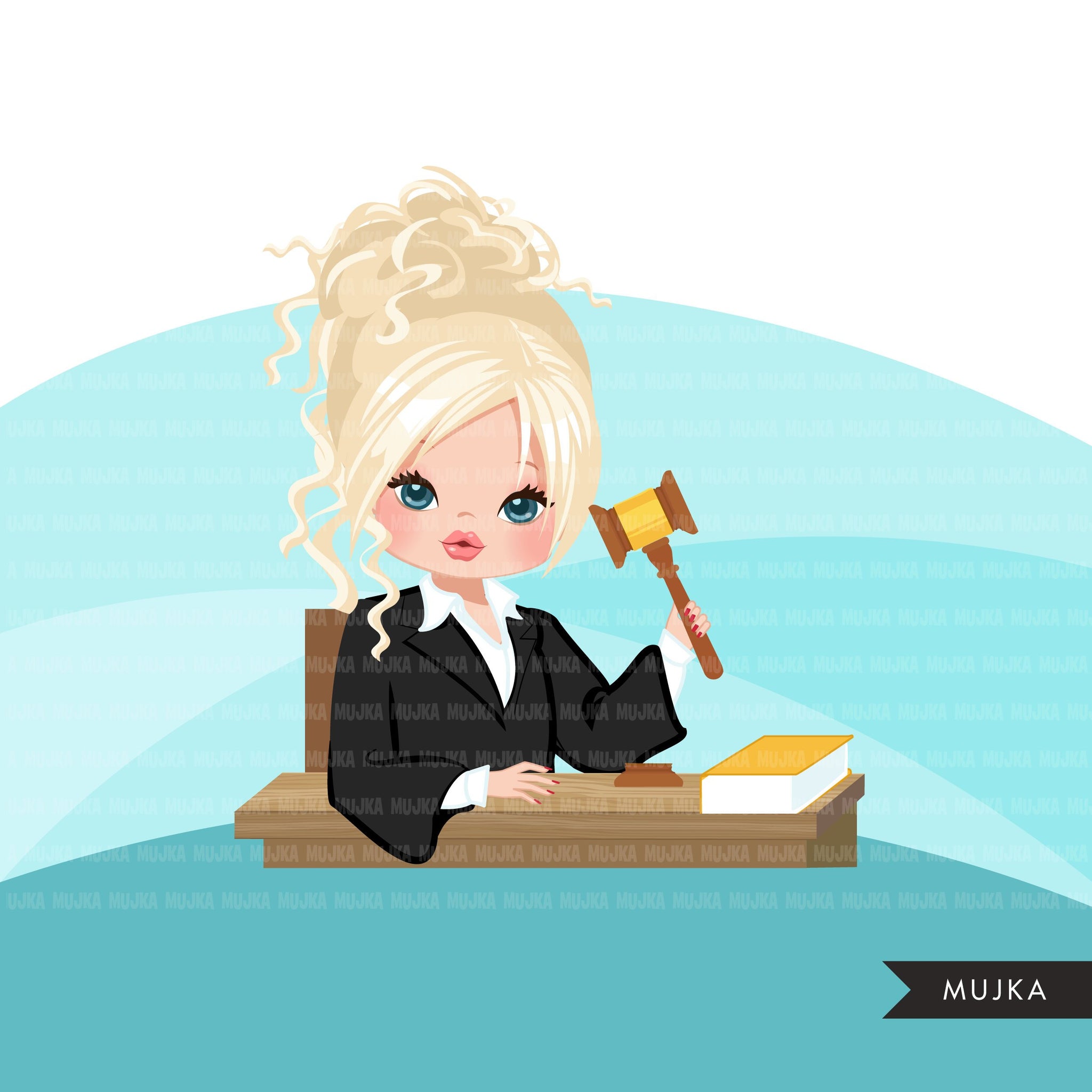 Woman Judge avatar clipart with gavel and law book, print and cut, justice girl clip art, court of law
