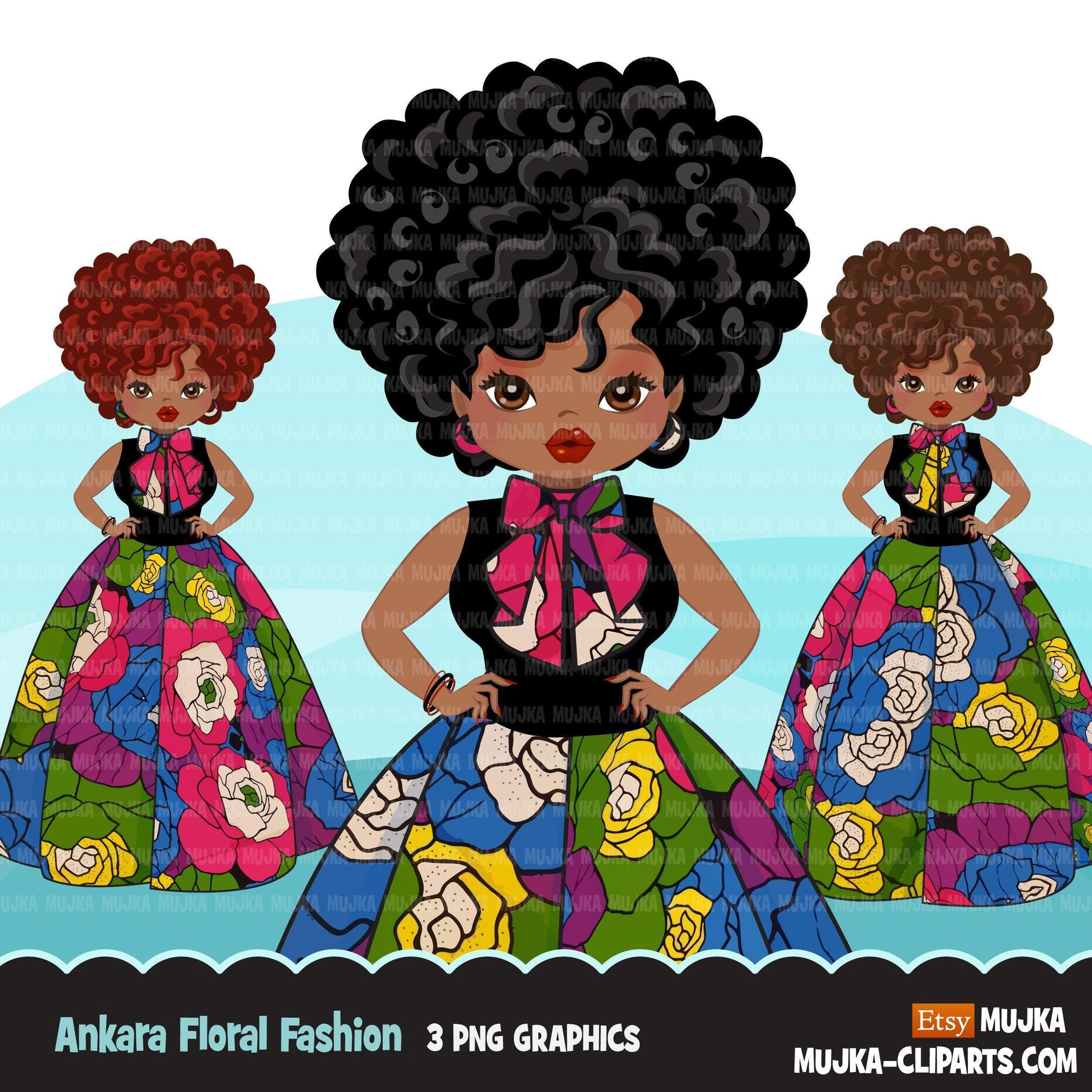 Black woman clipart avatar, Ankara flower print skirt, and bowtie fashion graphics sorority afro girl clip art PNG